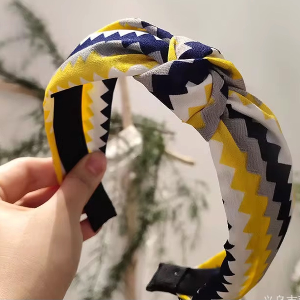 Yellow and Navy Silken Striped Headband with Topknot